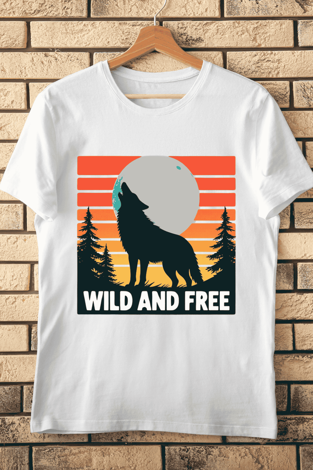 Wolf Silhouette Retro Moon Forest T-Shirt Design pinterest preview image.