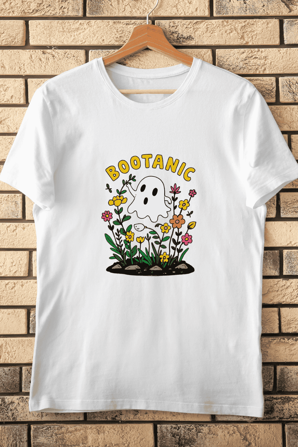 Bootanic Ghost with Flowers T-Shirt Design pinterest preview image.