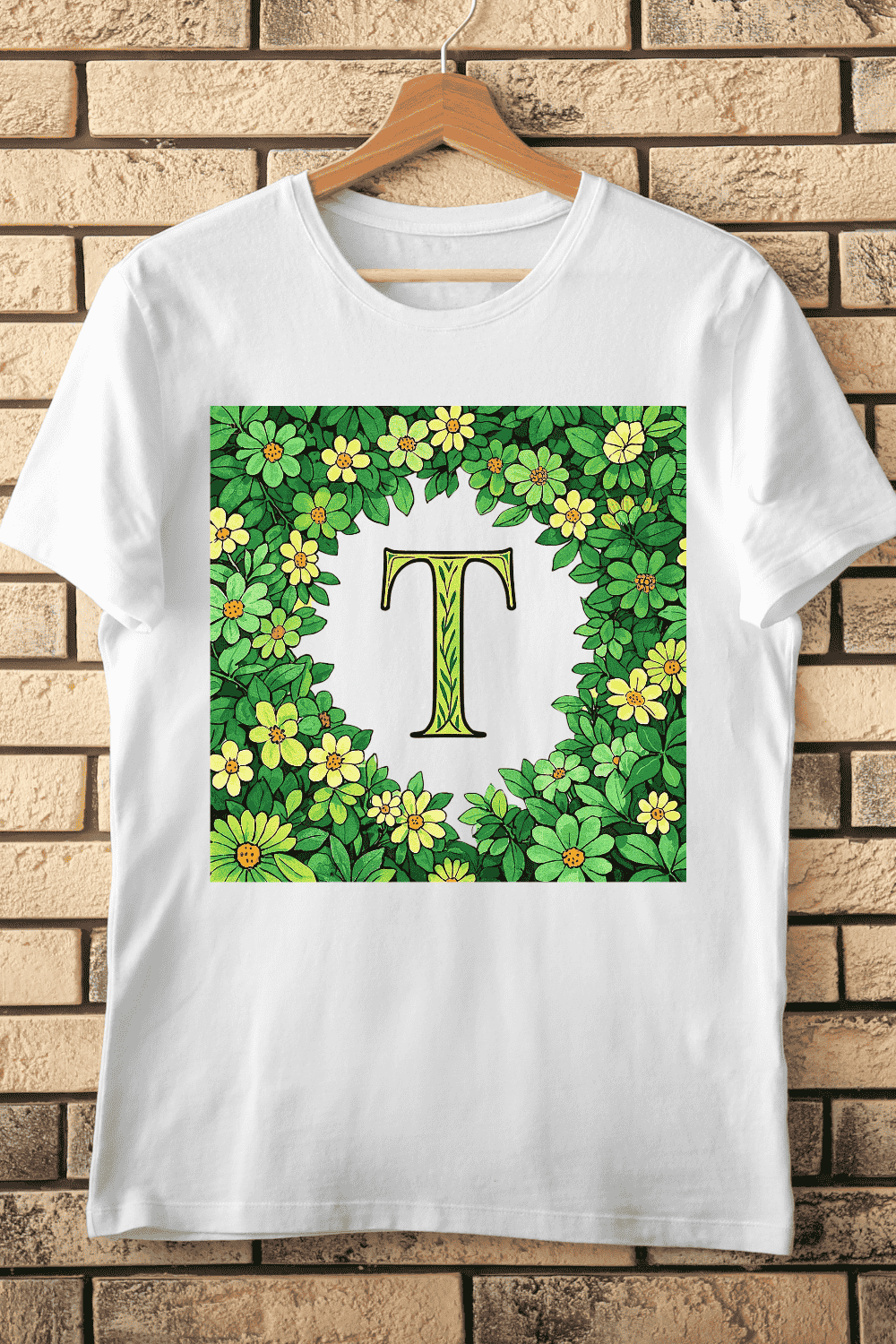 Fresh Green Letter T in Flower Frame T-Shirt Design pinterest preview image.