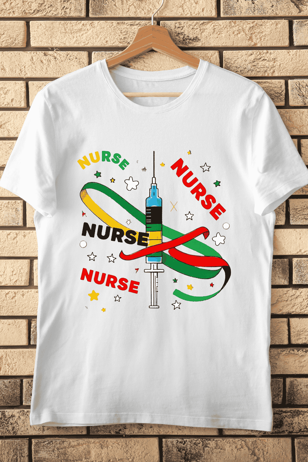 Colorful Nurse with Medical Syringe and Ribbon T-Shirt Design pinterest preview image.