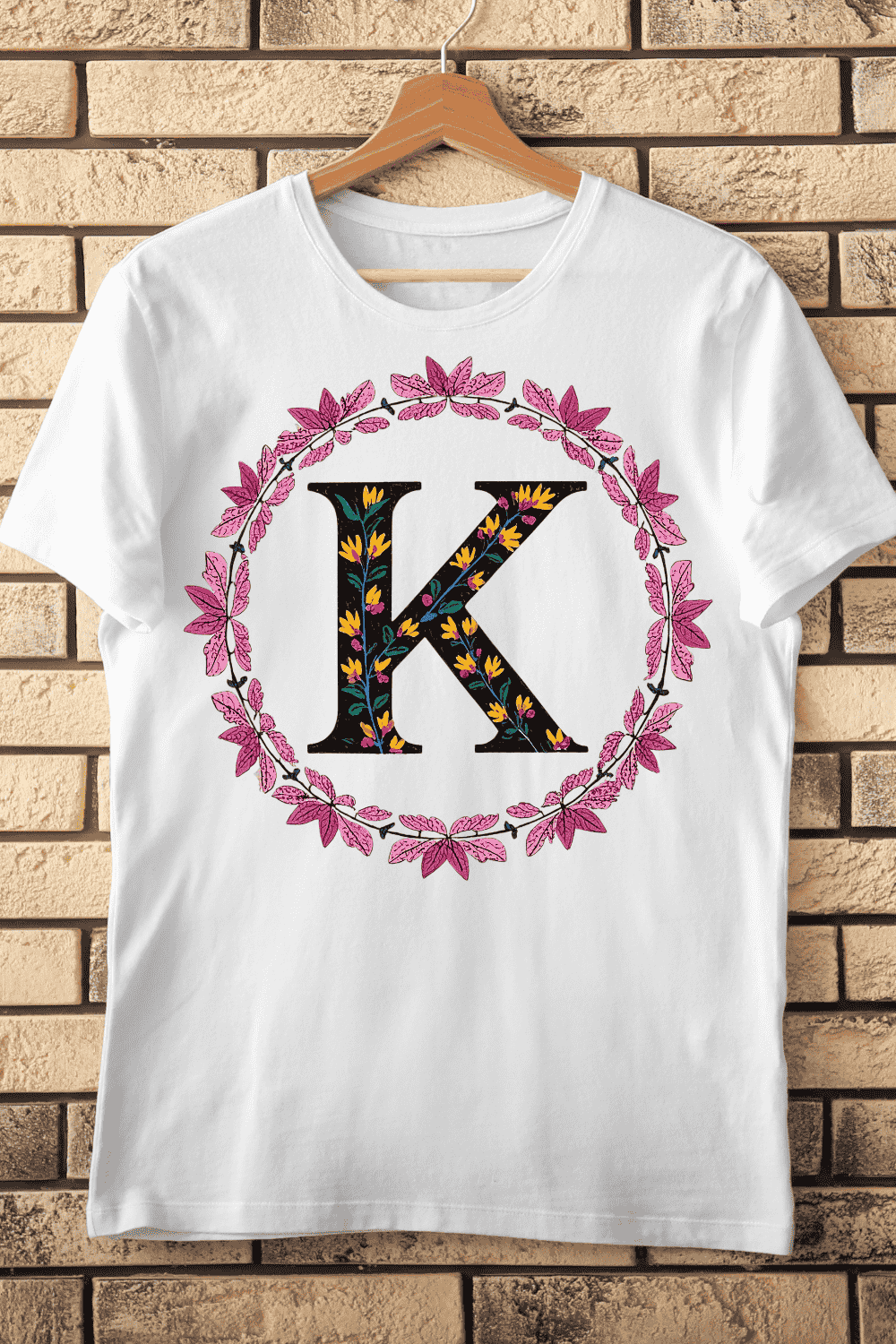 Colorful Floral K in Wreath T-Shirt Design pinterest preview image.