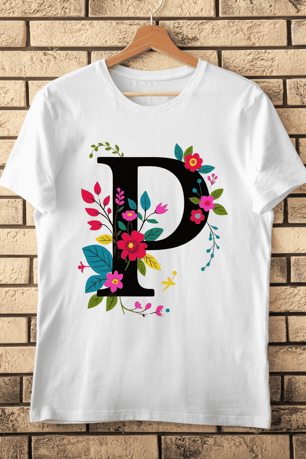 Black Letter P with Colorful Floral Decoration T-Shirt Design pinterest preview image.