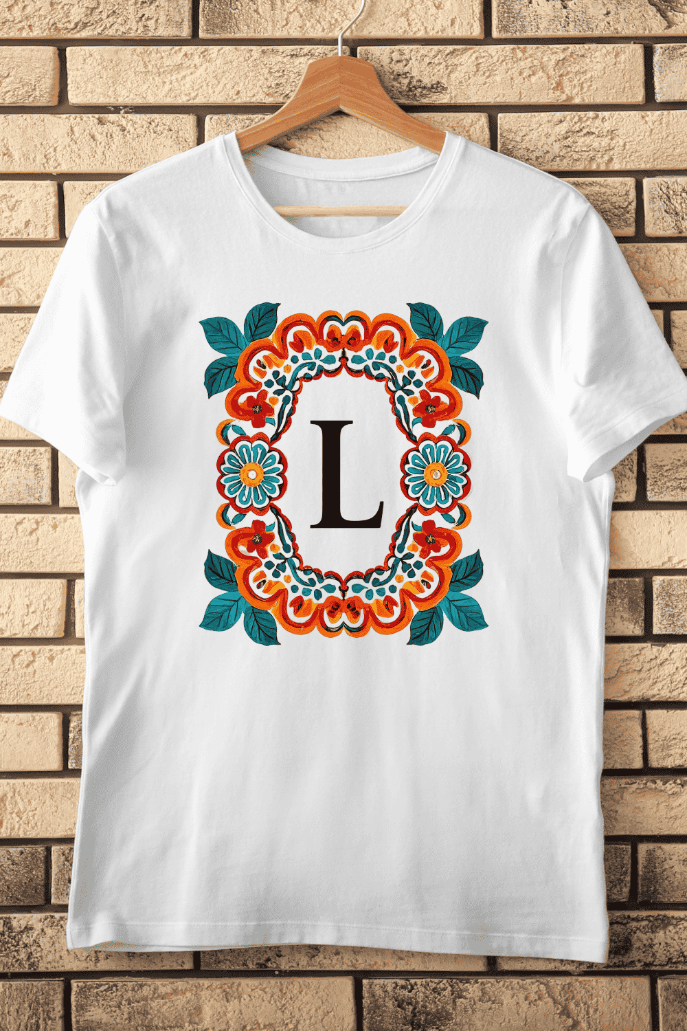 Vibrant Floral Wreath Monogram L T-Shirt Design pinterest preview image.
