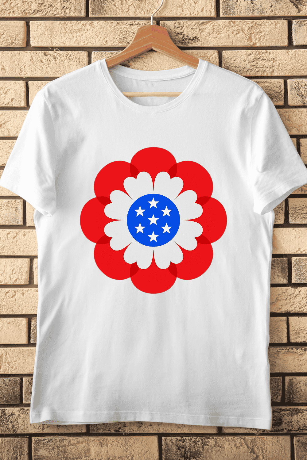 Patriotic Flower Red White Blue Stars T-Shirt Design pinterest preview image.