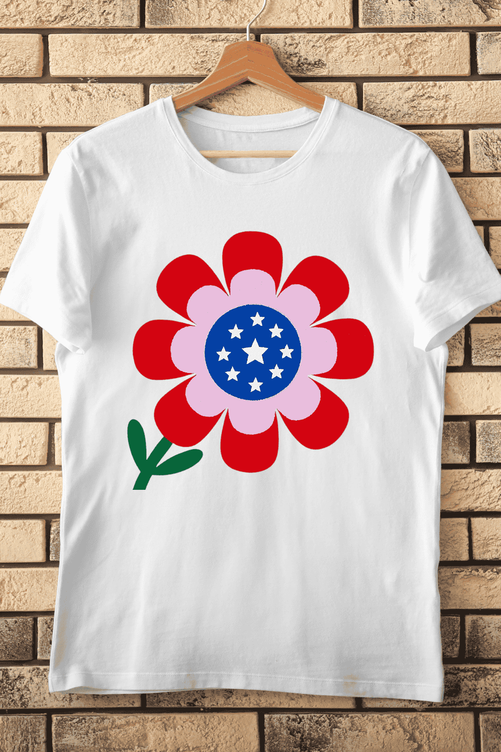 Starry Blossom American Themed Colors T-Shirt Design pinterest preview image.
