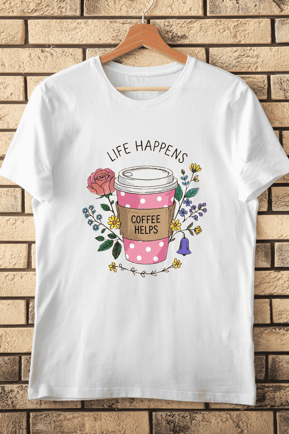 Hand-Drawn Coffee Cup with Flowers T-Shirt Design pinterest preview image.