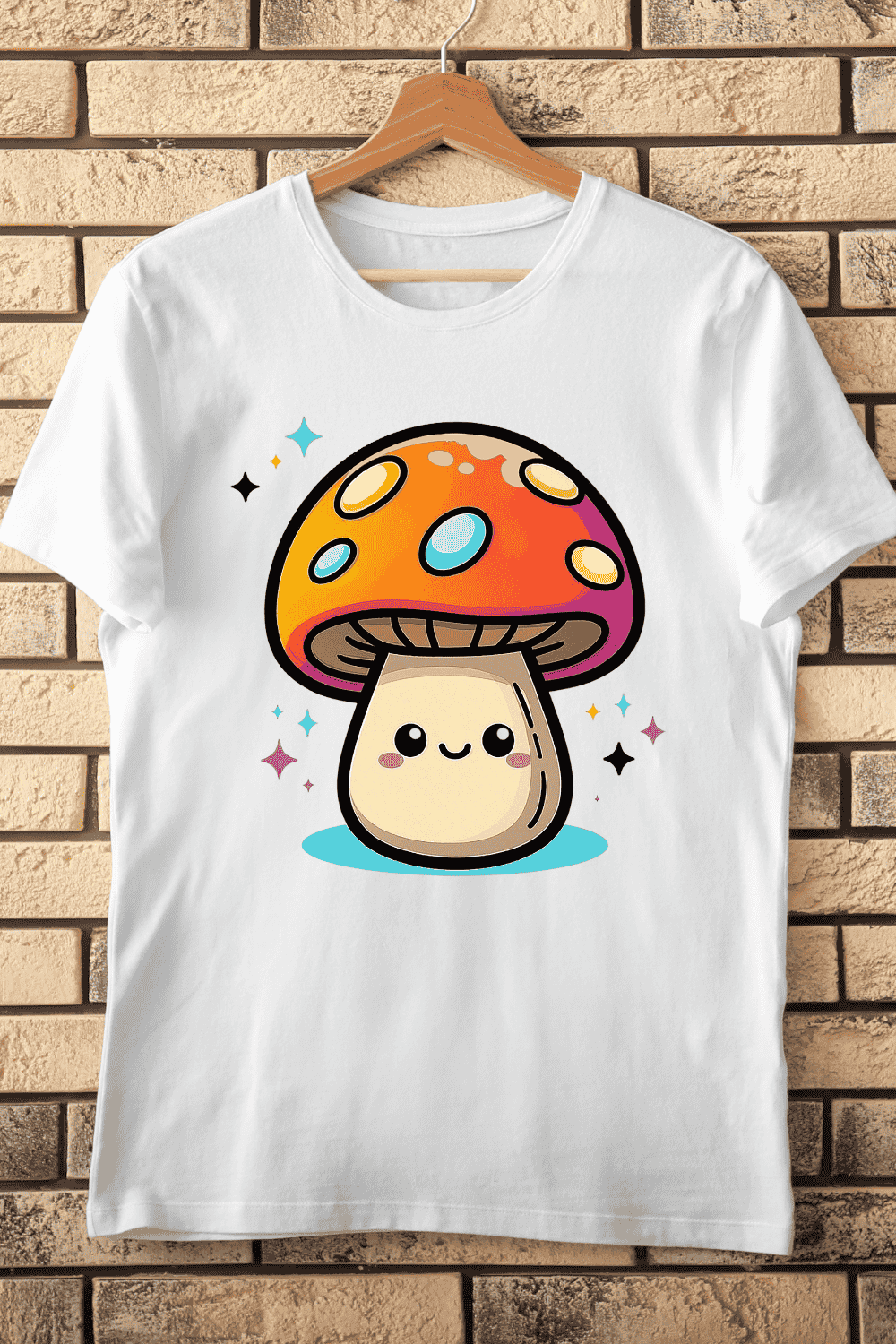 Fun Fungi Cartoon with Sparkles T-Shirt Design pinterest preview image.