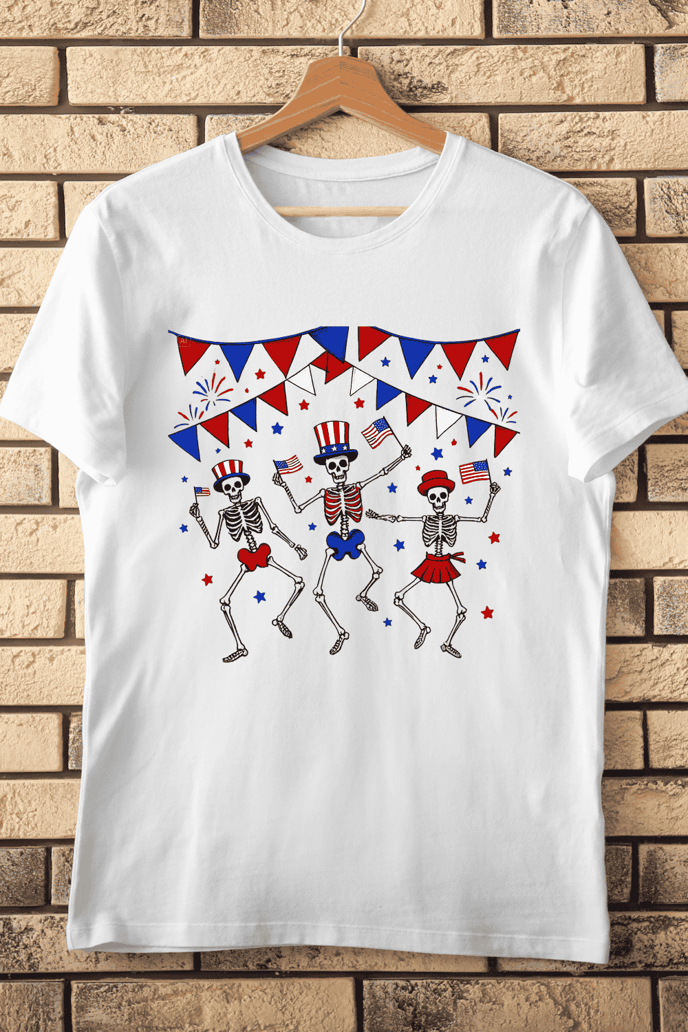 Patriotic Skeletons Celebration T-Shirt Design pinterest preview image.
