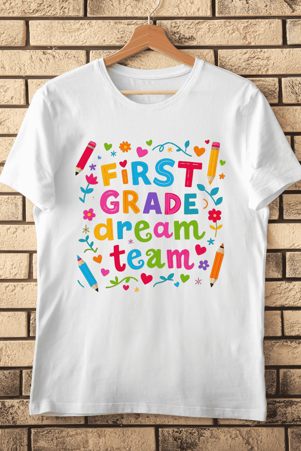 Colorful First Grade T-Shirt Design pinterest preview image.
