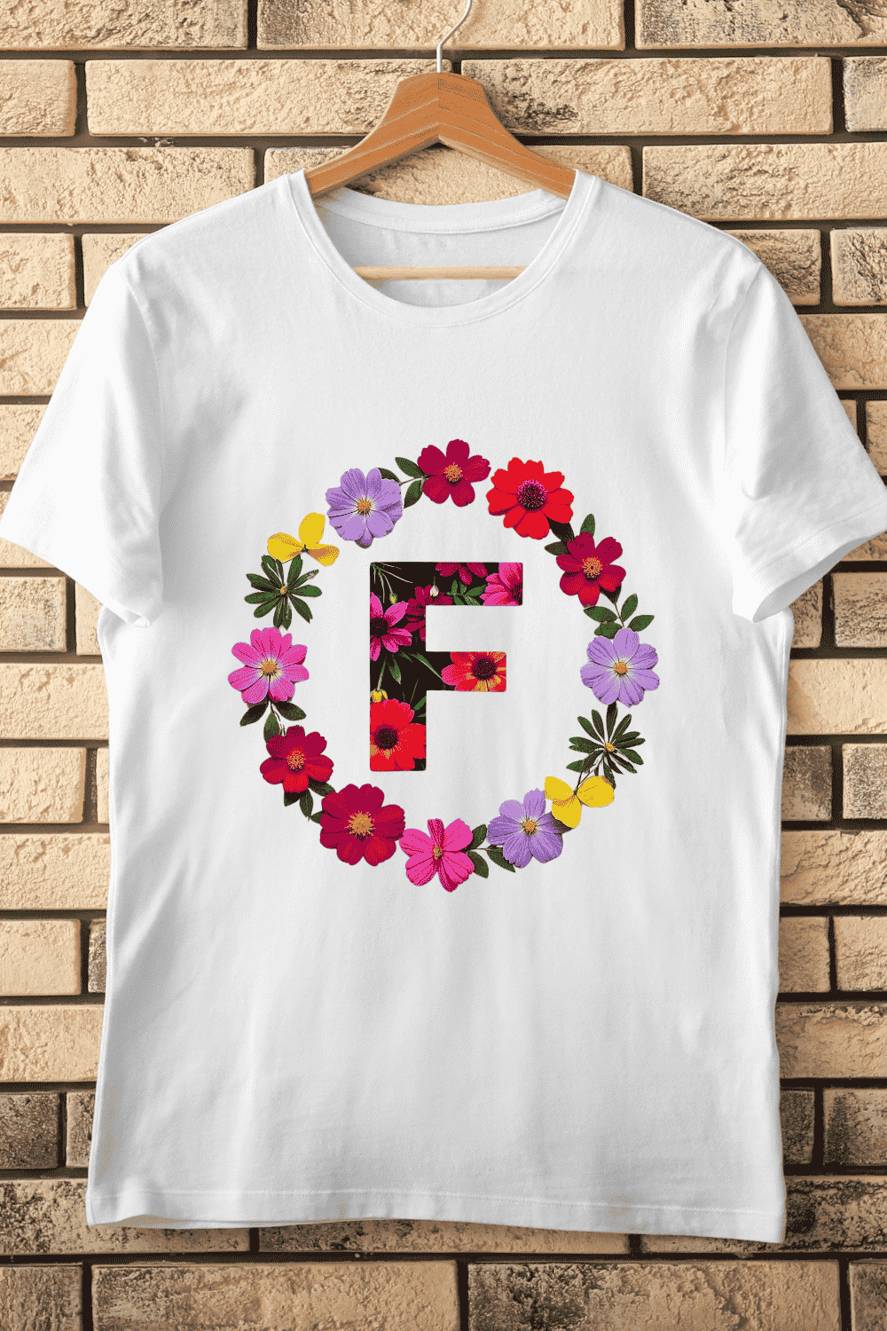 Alphabet F with Vibrant Blooms & Leaves T-Shirt Design pinterest preview image.