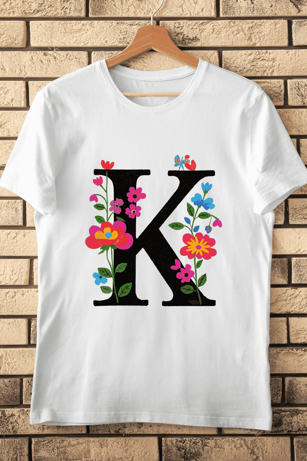 Colorful Flower Alphabet K T-Shirt Design pinterest preview image.