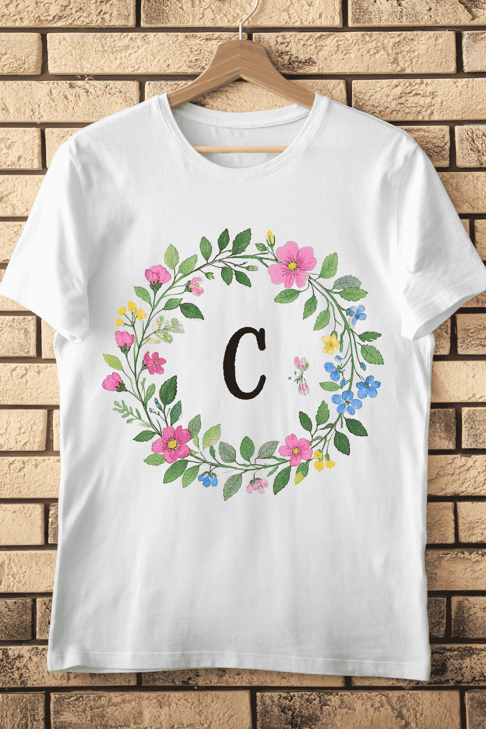 Letter C in Colorful Floral Wreath Bright Blooms T-Shirt Design pinterest preview image.