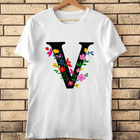 Floral Letter V Alphabet with Flowers T-Shirt Design cover image.