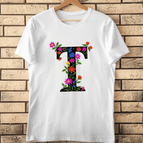 Floral Alphabet Letter T with Colorful Flowers T-Shirt Design cover image.