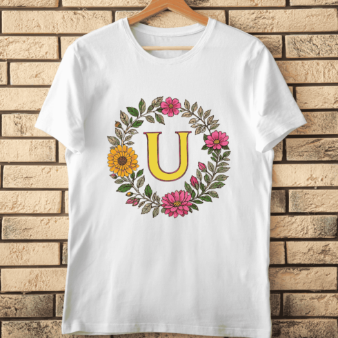 Decorative U Monogram with Bright Flowers T-Shirt Design cover image.