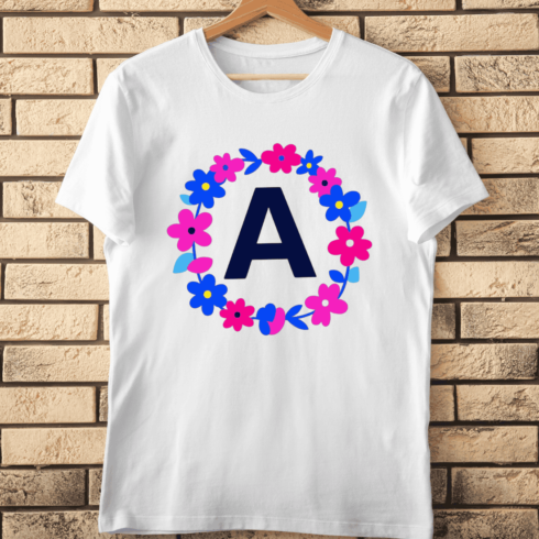Letter A in Floral Wreath Pink and Blue Flowers T-Shirt Design cover image.