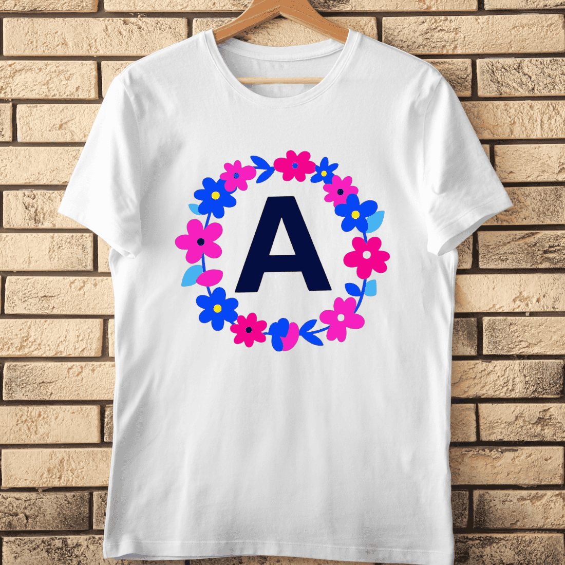Letter A in Floral Wreath Pink and Blue Flowers T-Shirt Design cover image.