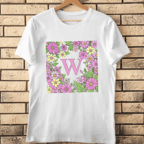 Decorative Monogram W with Colorful Flowers T-Shirt Design cover image.