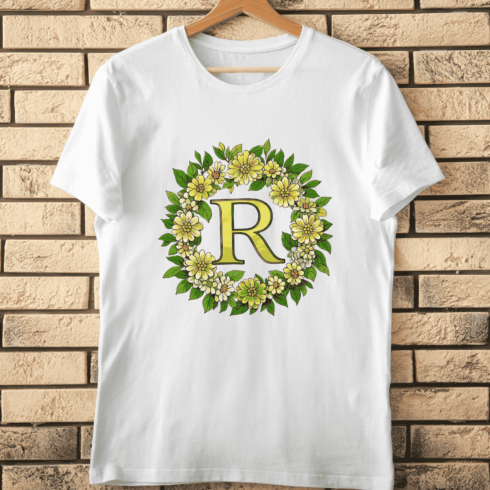 Decorative Letter R with Yellow Flowers T-Shirt Design cover image.