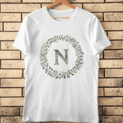 Watercolor Floral Wreath Monogram N T-Shirt Design cover image.