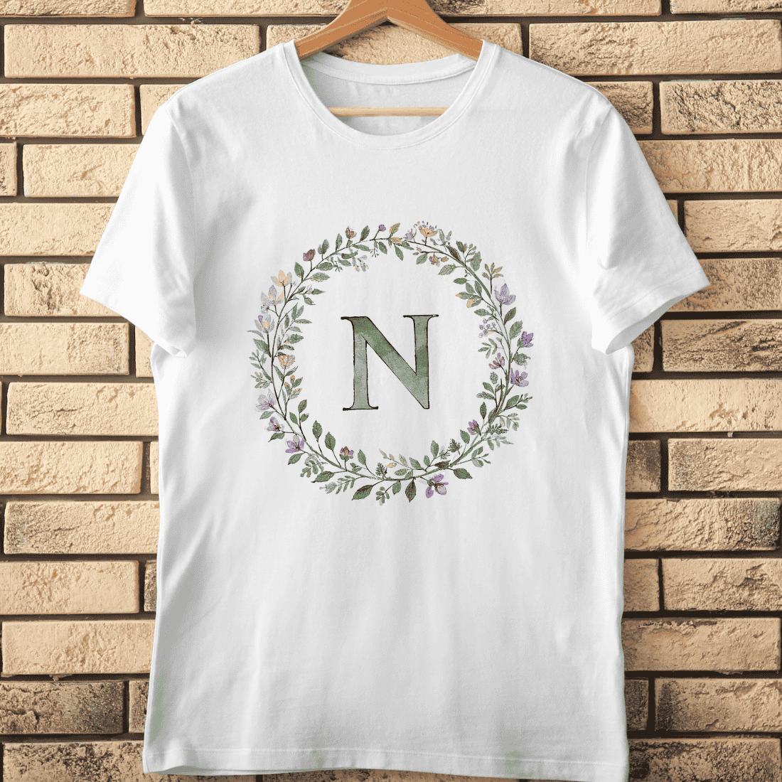 Watercolor Floral Wreath Monogram N T-Shirt Design cover image.