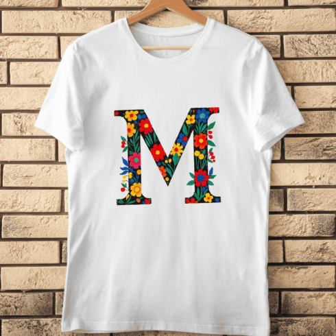 Vibrant Flower Filled Letter M T-Shirt Design cover image.