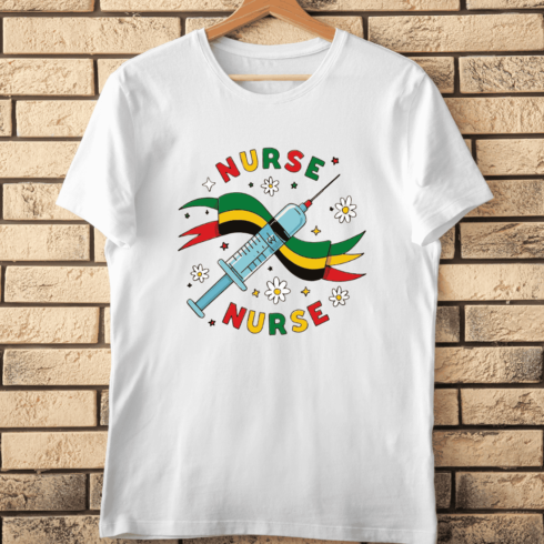 Hand Drawn Syringe and Nurse Text for Medical Projects T-Shirt Design cover image.