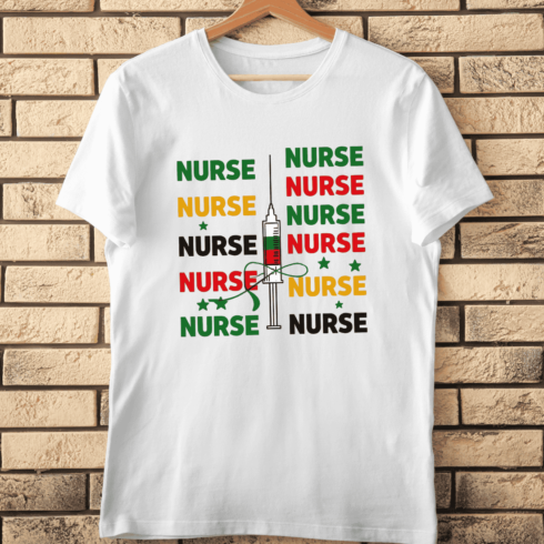 Nurse Repetition with Syringe and Ribbons T-Shirt Design cover image.
