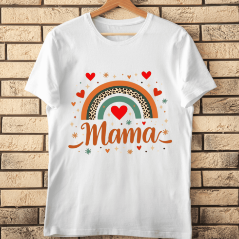 Mama Script with Hearts and Rainbow T-Shirt Design cover image.