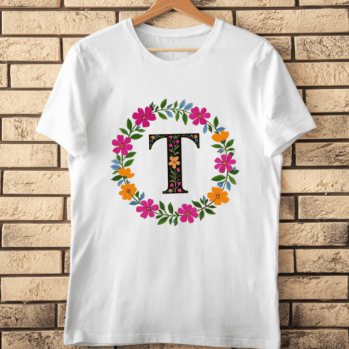 Floral Alphabet Letter T Wreath T-Shirt Design cover image.