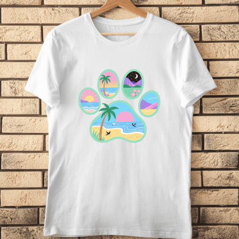 Colorful Paw Print Collage of Tropical Beaches T-Shirt Design cover image.