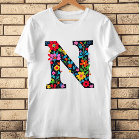 Decorative Letter N with Bright Blooms T-Shirt Design cover image.