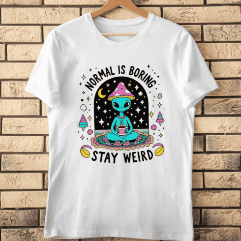Weird Alien with Magic Mushrooms T-Shirt Design cover image.
