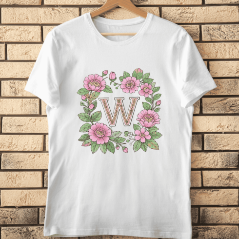 Elegant W Initial in Warm Floral Frame T-Shirt Design cover image.
