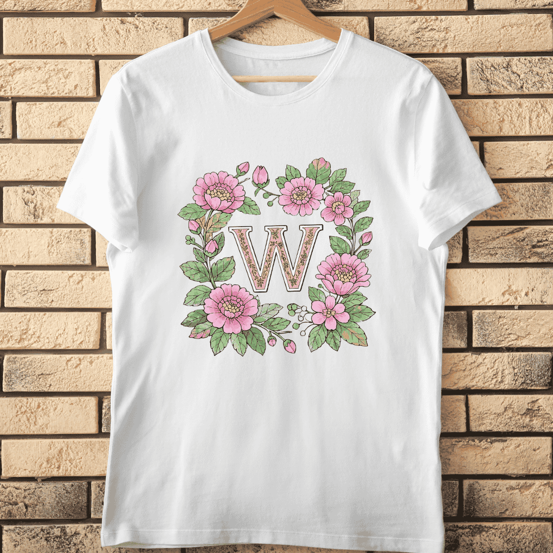 Elegant W Initial in Warm Floral Frame T-Shirt Design cover image.