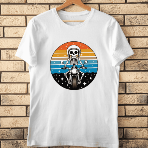 Skeleton Riding Motorcycle T-Shirt Design cover image.