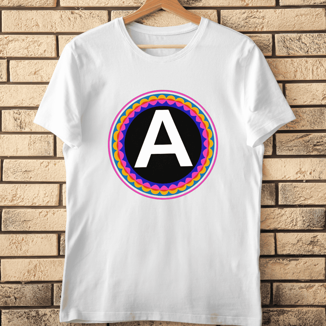 Letter A in Vibrant Geometric Circle Frame T-Shirt Design cover image.