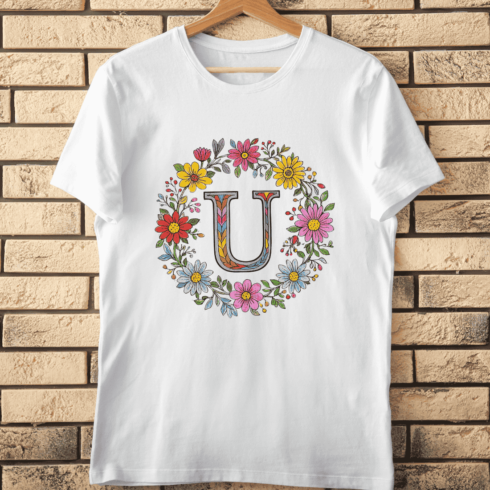 Colorful Floral Alphabet Letter U Wreath T-Shirt Design cover image.