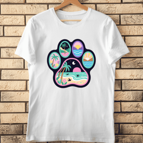 Tropical Beach Scenes in Paw Print T-Shirt Design cover image.