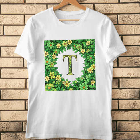 Fresh Green Letter T in Flower Frame T-Shirt Design cover image.