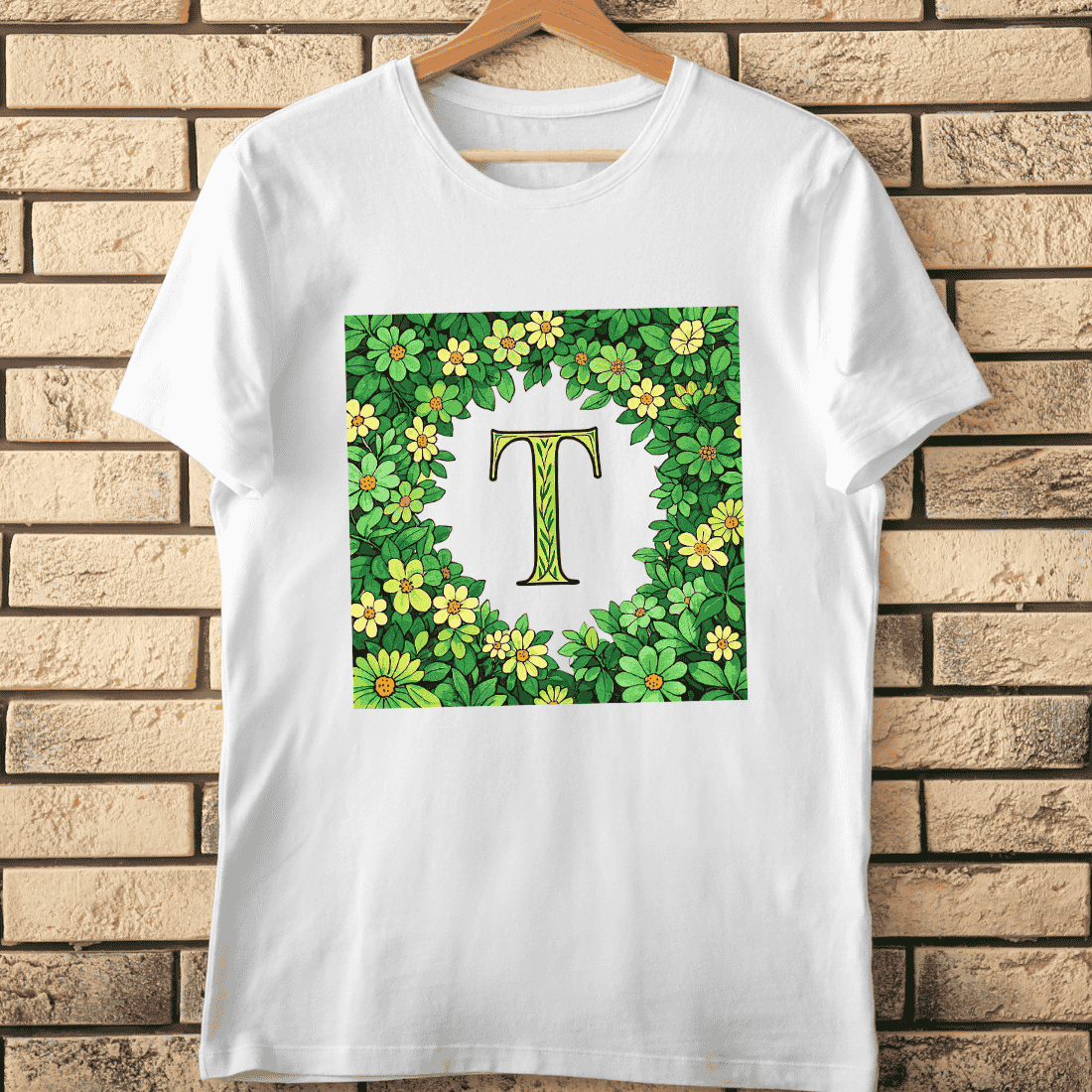 Fresh Green Letter T in Flower Frame T-Shirt Design cover image.