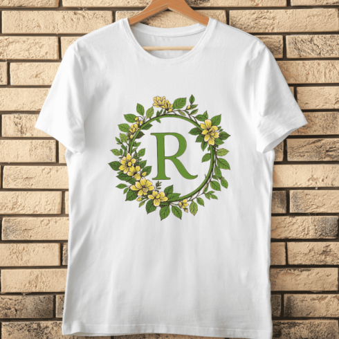 Floral Alphabet Letter R Wreath T-Shirt Design cover image.