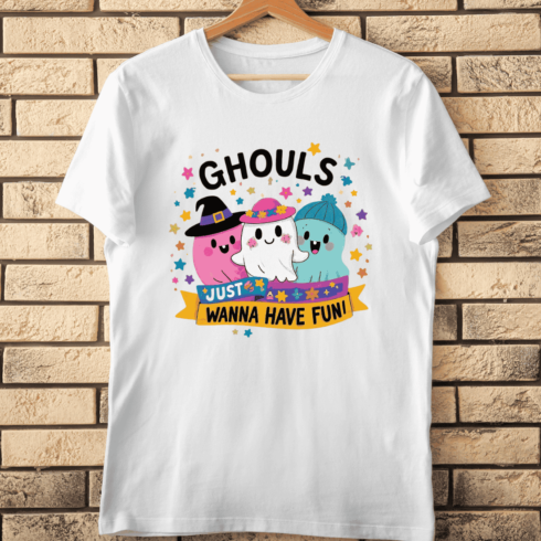 Cartoon Ghosts with Hats and Funny Quote T-Shirt Design cover image.