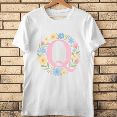 Watercolor Letter Q Floral T-Shirt Design cover image.