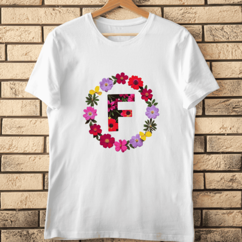 Alphabet F with Vibrant Blooms & Leaves T-Shirt Design cover image.