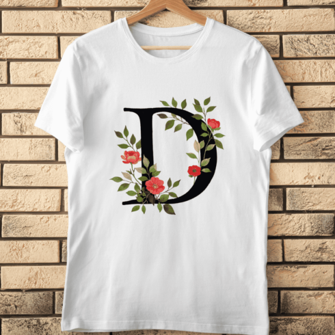 Elegant Floral Letter D Dark Botanical Monogram T-Shirt Design cover image.
