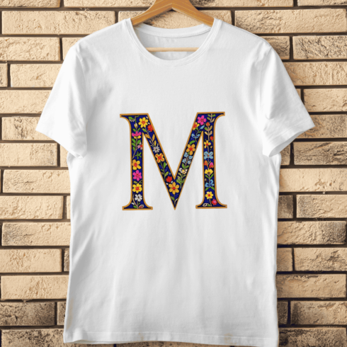 Decorative Alphabet M with Blossoms T-Shirt Design cover image.