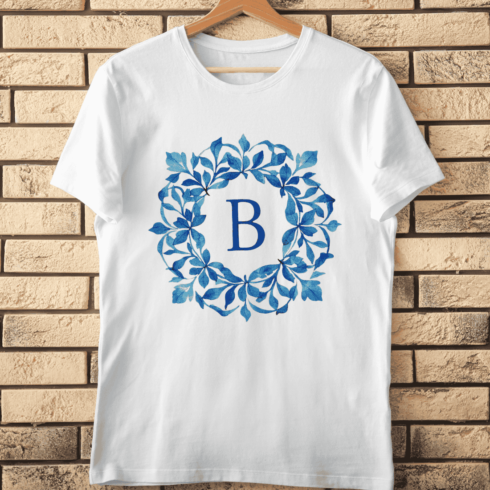 Letter B in Blue Leaf Wreath T-Shirt Design cover image.