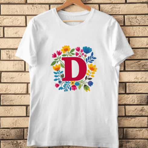 Colorful Letter D with Bright Flower Wreath T-Shirt Design cover image.