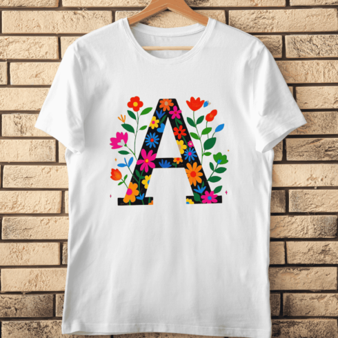 Floral Letter A Vibrant Blooms Alphabet T-Shirt Design cover image.